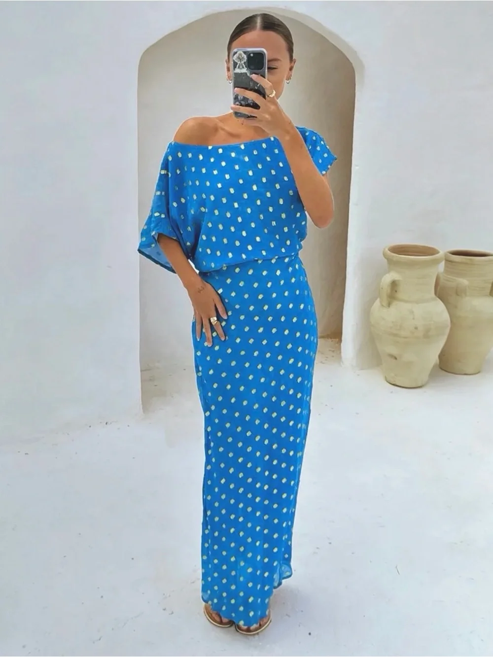 Never Fully Dressed Tilly Plisse Gold Fleck One Shoulder Short Sleeve Maxi Dress